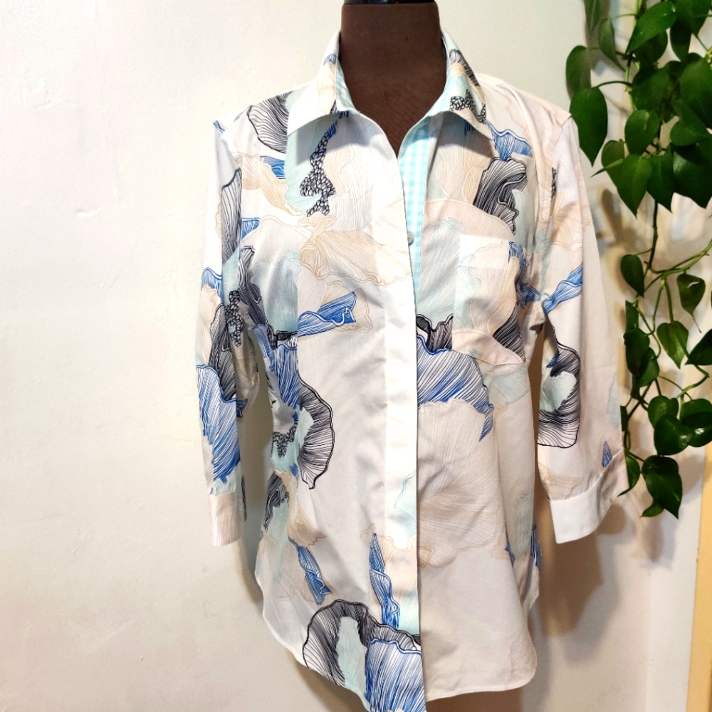 Chico's Women’s White and blue Print No Iron Button Up Shirt